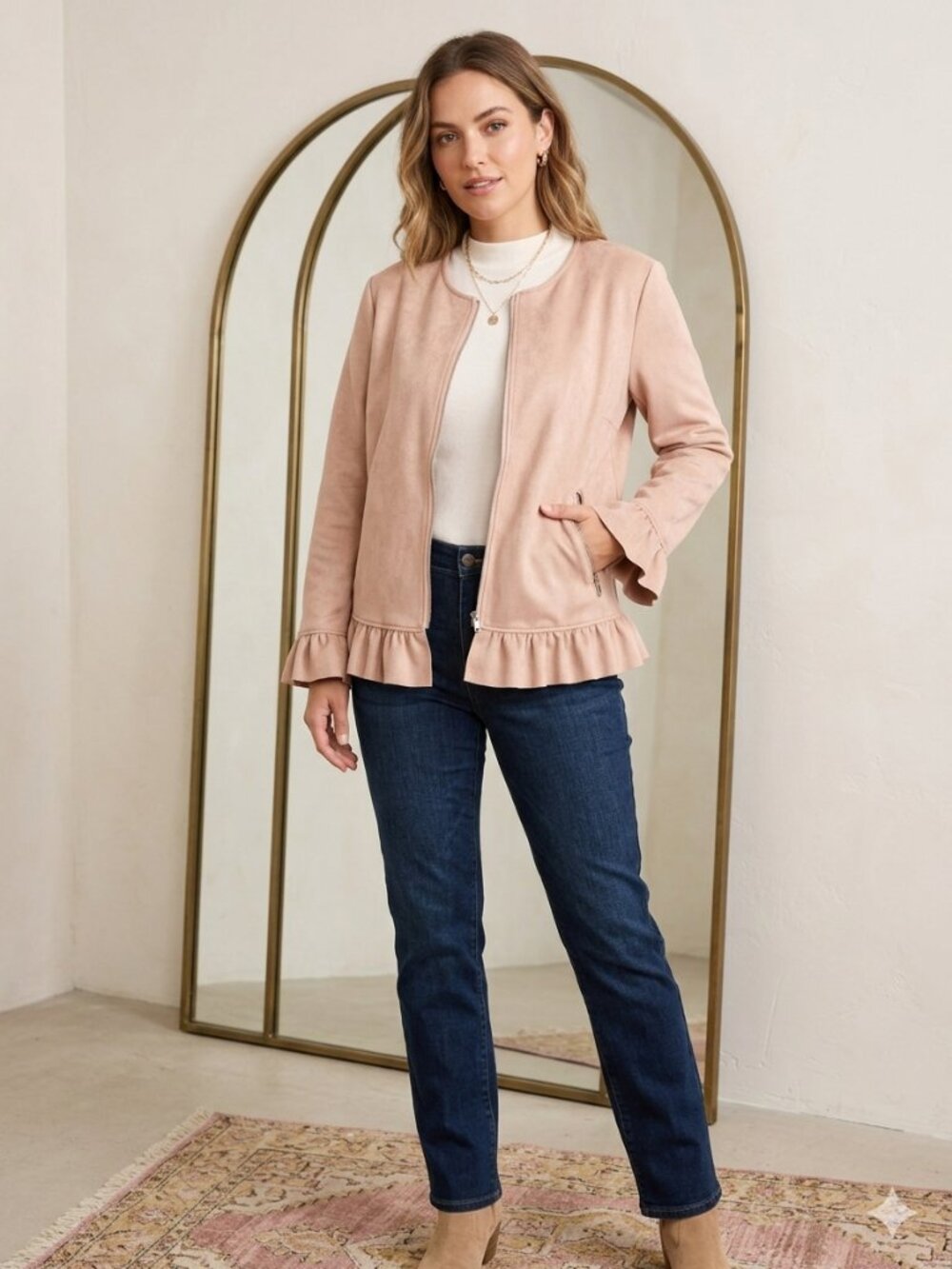 BLVD Faux Suede Peplum Jacket Womens Small Blush Pink Ruffle Hem Zip Front EUC